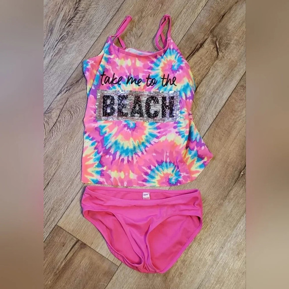 Justice Flip Sequin Tie Dye Tankini Size 14 - Picture 1 of 4